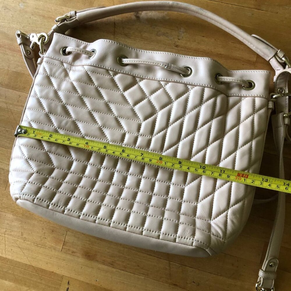 Badgley Mischka Cream With Hint of Pink Quilted Leather Bucket Bag - Picture 15 of 15